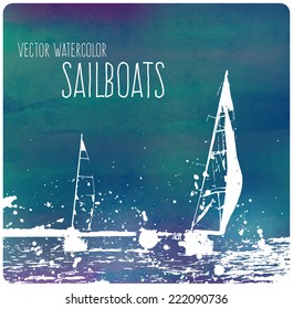 Vector teal watercolor background - sailboat regatta