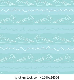 Vector Teal And White Ducks In A Row Seamless Pattern Background. Great For Fabric, Baby Blankets And Apparel, Wallpaper, Baby Shower Wrapping Paper, And Scrapbooking Projects.