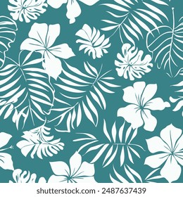 vector of teal and white hawaiian floral pattern with flowers and tropical leaves