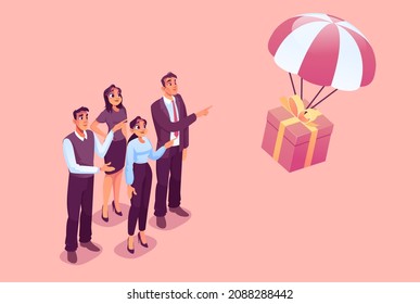 Vector of a team of business people looking at a gift box flying down on parachute 