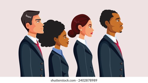 
Vector team of Businesspeople from a profile View Illustration. Businessmen and Businesswomen gathering for a team building experience 
