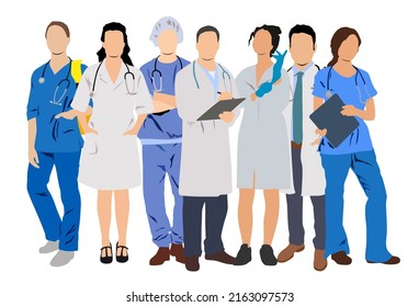 vector of team of doctors and nurses standing in a row