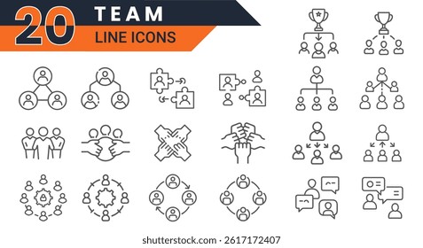Vector Team Line Icons for Collaboration, Teamwork, Leadership, Organizational Structure, Communication, and Project Coordination in Business Environments