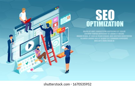 Vector of a team of people working on search of engine optimization 