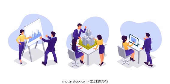 Vector of a team of real estate developers discussing new residential city project 