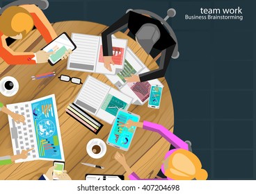 Vector team work Businessman brainstorming workspace With modern communication technology, computer, tablet, mobile document printing flat design