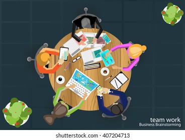 Vector team work Businessman brainstorming workspace With modern communication technology, computer, tablet, mobile document printing flat design