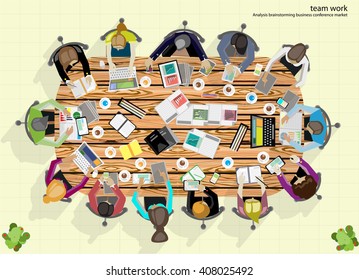 Vector   team work businessman  Brainstorming Analysis of the marketing plan with pencils, pens, paper files Tablet Notebook task, leveraging the work in communications technology rapidly flat design