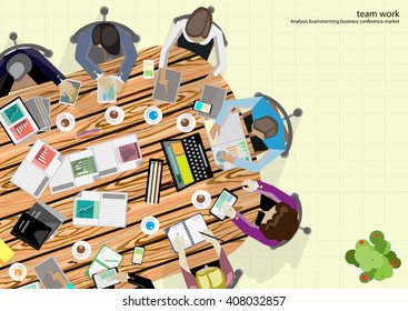 Vector   team work businessman  Brainstorming Analysis of the marketing plan with pencils, pens, paper files Tablet Notebook task, leveraging the work in communications technology rapidly flat design