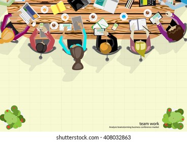Vector   team work businessman  Brainstorming Analysis of the marketing plan with pencils, pens, paper files Tablet Notebook task, leveraging the work in communications technology rapidly flat design