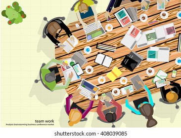 Vector   team work businessman  Brainstorming Analysis of the marketing plan with pencils, pens, paper files Tablet Notebook task, leveraging the work in communications technology rapidly flat design