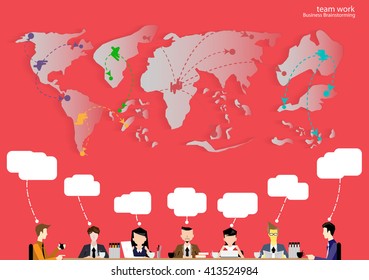 Vector team work Businessman brainstorming to think globally and meeting with world maps used in business applications flat design