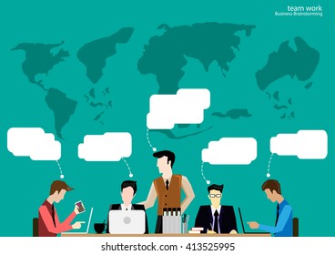 Vector team work Businessman brainstorming to think globally and meeting with world maps used in business applications flat design