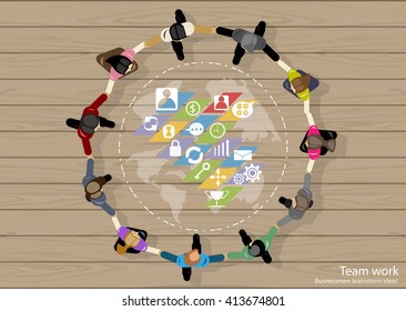 Vector team work Businessmen brainstorm ideas to work, hand in hand together with a world map, icon, used in business applications flat design
