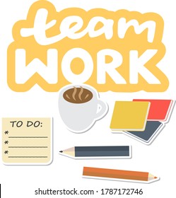 Vector Team Work Poster on white background with lettering: flat icon colorful illustration set for business, teams, hr, graphics for presentation background, advertisement, banner, logo, blog. EPS 10