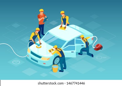 Vector of a team workers carries out a complex car wash and cleaning 