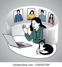 Vector of Team working by group video call share ideas brainstorming negotiating use video conference, online meeting work form home.