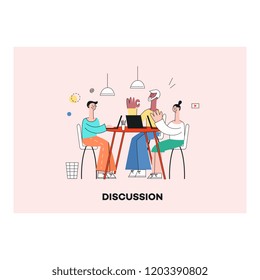 Vector teambuilding concept with stylized business people, women and men sitting at table having conversation, discussion gesticulating. Male, female characters at workplace.