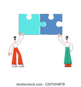 Vector teambuilding concept with stylized business man holding big puzzles above head. Male managers, office workers holding symbol of working process and successful communication