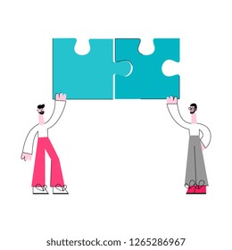 Vector teambuilding concept with stylized business man holding big puzzles above head. Male managers, office workers holding symbol of working process and successful communication