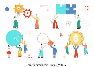 Vector teambuilding and successful team work concept characters set with stylized business men holding big gears, puzzles idea light bulb, golden coin above head, flying at arrow Isolated illustration