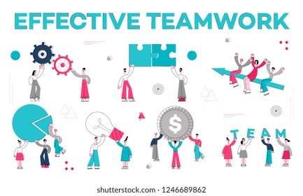 Vector teambuilding and successful team work concept characters set with stylized business men holding big gears, puzzles idea light bulb, golden coin above head, flying at arrow Isolated illustration