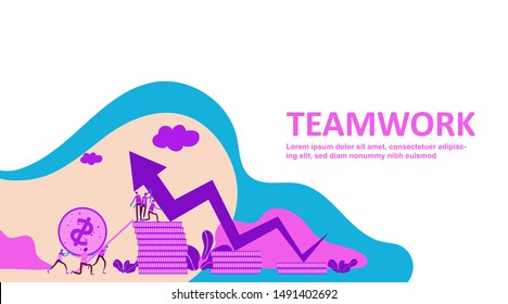 Vector teamwork business concept. Little people standing and holding indicator of growth and development on raised hands with coins stack as chart. holding graph arrow on the way to success. - Vector