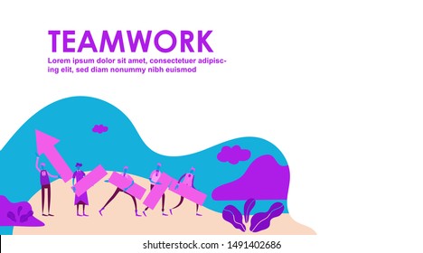 Vector teamwork business concept. Team people standing and holding indicator of growth and development in common company on raised hands. holding graph arrow on the way to success. - Vector
