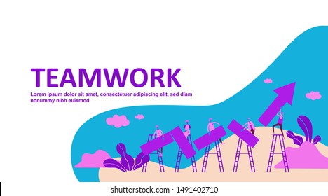 Vector teamwork business concept. Team people standing and holding to connecting indicator of growth and development company on raised hands. holding graph arrow on the way to success. - Vector