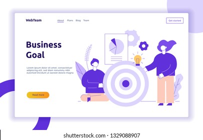 Vector teamwork and business strategy web page banner design template with big modern flat line people. Man and woman holding target symbol illustration.