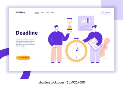 Vector teamwork and business strategy web page banner design template with big modern flat line people. Deadline illustration