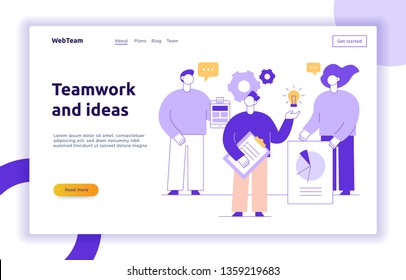 Vector teamwork and business strategy web page banner design template with big modern flat line people. Planning, finance illustration