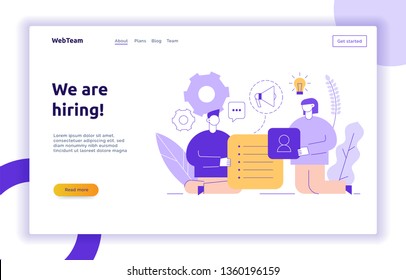 Vector teamwork and business strategy web page banner design template with big modern flat line people. We are hiring recruitment illustration
