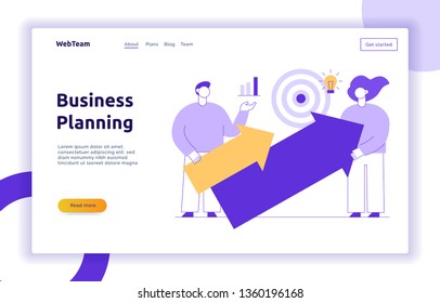 Vector teamwork and business strategy web page banner design template with big modern flat line people. Planning, finance illustration