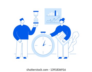 Vector teamwork and business strategy web page banner design template with big modern flat line people. Deadline illustration