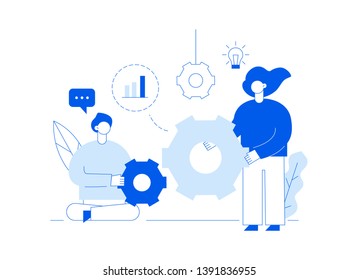 Vector teamwork and business strategy web page banner design template with big modern flat line people. Planning, finance illustration