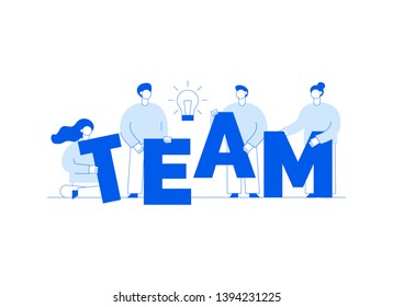 Vector teamwork and business strategy web page banner design template with big modern flat line people.