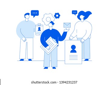 Vector teamwork and business strategy web page banner design template with big modern flat line people. We are hiring recruitment illustration