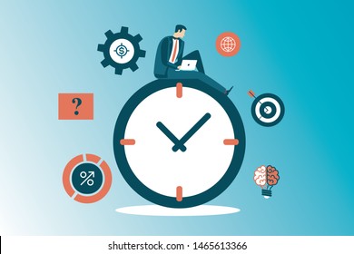 Vector teamwork and business strategy web page banner design template with big modern flat line people. Deadline illustration