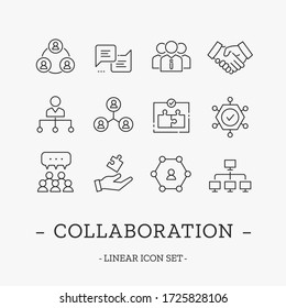 Vector teamwork and collaboration icon set. Thin line symbols of team, system, network, handshake, corporate structure