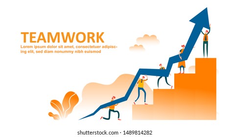 Vector teamwork concept. Little business people together trying to climb up stairway standing holding indicator of growth and development in common business on raised hands each others. - Vector