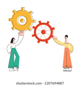 Vector teamwork concept people with stylized business man and woman holding big gears above head. Female, male office characters and symbol of working process and successful communication