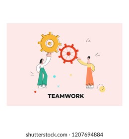 Vector teamwork concept poster with stylized business man and woman holding big gears above head. Female, male office characters and symbol of working process and successful communication