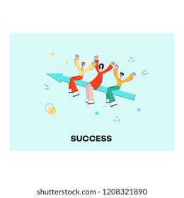 Vector teamwork concept poster with stylized business man and woman flying at big arrow raising hands up. Female, male office characters and symbol of workflow and successful communication