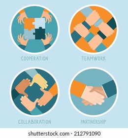 Vector Teamwork And Cooperation Concept In Flat Style - Partnership And Collaboration Icons - Businessmen Hands