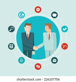Vector teamwork and cooperation concept in flat style - male partners shaking hands - agreement and business icon