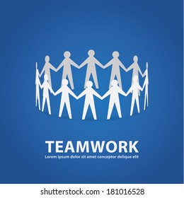 Vector teamwork illustration. Papermade people in cooperative work. Clean composition with place for your content.