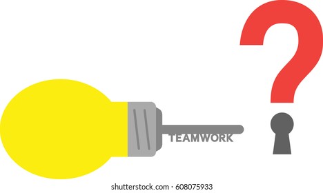 Vector teamwork light bulb key with red question mark and keyhole.