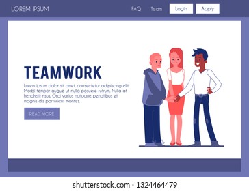 Vector teamwork poster concept with business team members joining hands. Caucasian man, african man and woman and successful teambuilding, cooperation symbol. Office characters showing partnership