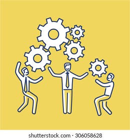 Vector teamwork skills icon of businessmans with gears building engine together | modern flat design soft skills linear illustration and infographic on yellow background